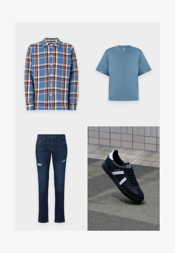 Randig skjorta för män i blått, med vita, röda och gula linjer. Knapplist, spetsig krage och lång ärm. Mjuk textur.; Blå kortärmad t-shirt, gjord av bomull, med rund hals och en avslappnad passform. Slät yta, minimalistisk design, inga mönster eller accenter.; Mörkblå denimjeans med rak skärning, som har slitna revor vid knäna, traditionella fickor och synlig kontrasterande söm.; Svart lädersneaker med vita ränder, texturerad gummisul, och snörning fram. Har en märkesskylt på tungan.