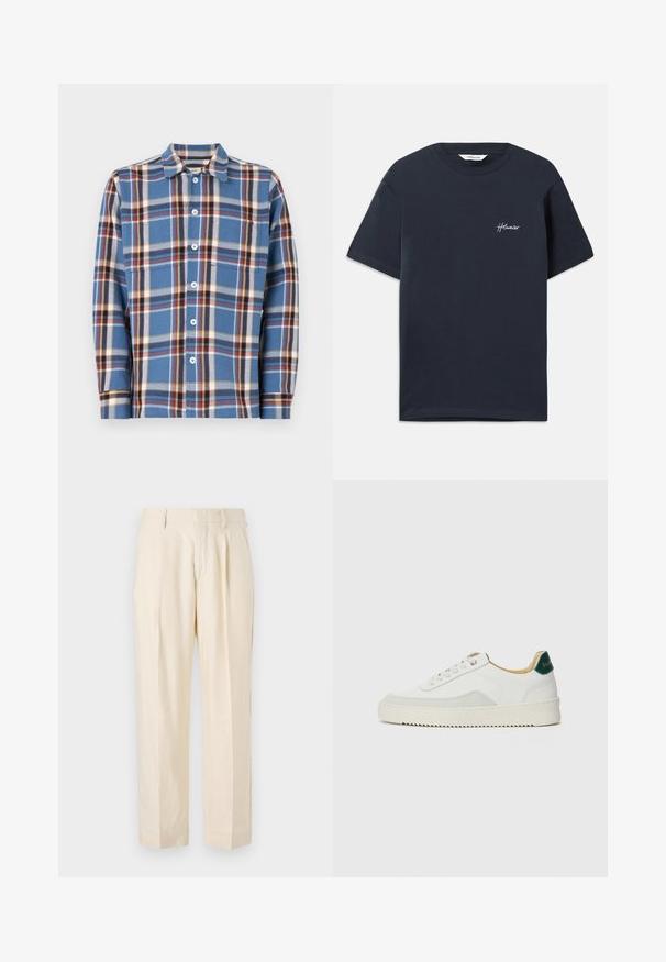 Miestnicky kostkovaná košela v modré farbe s bielymi, červenými a žltými pruhmi. Zapínanie na gombíky, špicatý golier a dlhé rukávy. Mäkká textura.; Laskia sininen puuvillainen t-paita lyhyillä hihoilla. Vasemmalla rintakehässä on valkoinen brodeerattu brändilogo. Klassinen pyöreä pääntie.; NN.07 KAY - Housut - off white; Valkoiset tennarit, joissa on nahkaosia, pyöreä kärki, tasaiset nauhat ja kermaisa kumi-pohja. Takana vihreä brändäys.