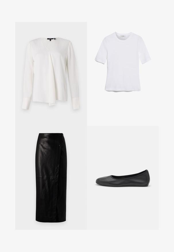 Valkoinen pitkähihaiseen pusero, jossa on V-kaula-aukko, roikkuva etuosa, sileä rakenne ja muotoillut hihansuut. Yksinkertainen ja monipuolinen tyyli.; Valkoinen lyhythihainen t-paita, joka on valmistettu ribbytedusta kankaasta. Pyöreä pääntiie, normaali istuvuus ja hienovaraiset ompeluyksityiskohdat. Ei kuvioita tai grafiikkaa.; Musta nahkainen midi-hame, jossa on kietaisumalli, sivupainonappi kiinnitys, sileä pinta ja suora siluetti.; Musta nahkainen ballerina, jossa on pyöristetty kärki, sileä pinta, minimaalinen ommelkoristelu ja joustava pohjamuotoilu.