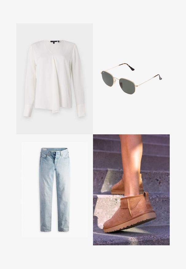 Weiße Bluse mit langen Ärmeln und V-Ausschnitt, mit einem drapierten Vorderteil, glatter Textur und strukturierten Manschetten. Schlichter und vielseitiger Stil.; Hellblaue Jeans aus Denim mit geradem Bein, zwei Fronttaschen und zwei Gesäßtaschen. Enthält einen Zwei-Knopf-Reißverschluss und dezente Nähte.; Beige Wildleder-Ankelstiefel mit weicher Textur, gesteppten Details und einer Gummisohle, ausgestattet mit einer Schlaufe an der Ferse für einfaches An- und Ausziehen.; Goldfarbene Metallrahmen-Sonnenbrillen mit dunkelgrünen Gläsern im Pilotenstil, mit schlanken Bügeln und Schildpatt-Akzenten an den Spitzen.; MICHAEL Michael Kors LAILA SATCHEL - Handtasche - brown