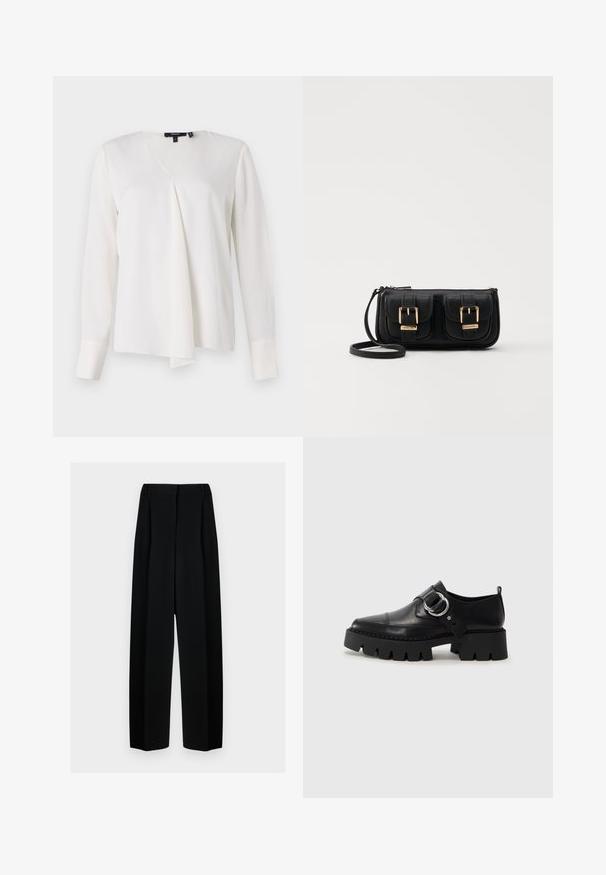 Valge pikakä sleeves pluus V-kaelusega disainiga, drapeeritud eesosa, sile tekstuur ja struktureeritud mansetid. Lihtne ja mitmekülgne stiil.; Mustad laiad püksid kõrge vöökohtaga, millel on voldid ja sujuv tekstuur. Kanga välimus on kerge ja see ripub elegantselt.; Mustad musta naha jalanõud, millel on jäme ribaga tallad, ringikujuline hõbedane detail ja minimaalne õmblusdetail.; Must küllastamata nahast õlakott, millel on kaks esist nähtavat taskut, kuldsed pandlad, tõmblukuga sulgemine ja peen rihm. Tekstuuriga pind ja kompaktne ristkülikukujuline kuju.