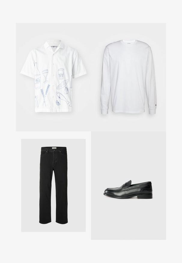 Κοντομάνικη λευκή πουκάμισο με μπλε κεντητά μοτίβα φαγητού και ποτού, συμπεριλαμβανομένων ψαριών, ενός μπουκαλιού, ποτηριών και σκευών. Σχέδιο με κουμπιά μπροστά.; Λευκό μπλουζάκι με μακριά μανίκια από βαμβάκι. Σχέδιο crew neck με ριμπ μανίκια και μικρό λογότυπο στο αριστερό μανίκι. Λείος υφάνσεις.; Μαύρο τζιν παντελόνι σε ίσια γραμμή με κλασικό σχέδιο πέντε τσεπών, κούμπωμα με κουμπί, ελάχιστη ραφή και μαλακή υφή.; Μαύρα δερμάτινα μοκασίνια με μαλακή υφή, ραμμένες λεπτομέρειες στη βεντάλια και ελαφρώς ανυψωμένη φτέρνα.