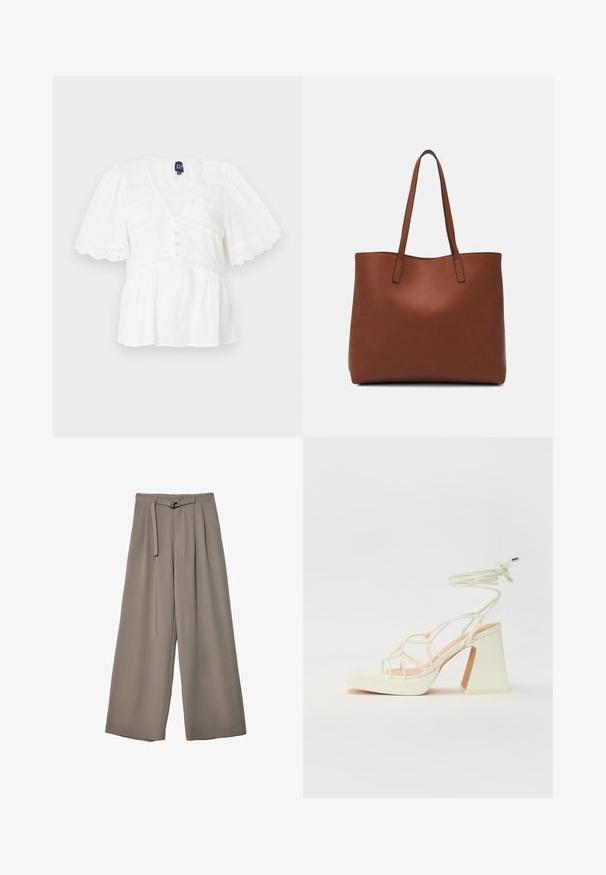 Blusa bianca con maniche a pompon corte, scollo a v, chiusura con bottoni e dettagli testurizzati. Presenta accenti in pizzo e un design a hem svasato.; Pantaloni a gamba larga in un morbido tessuto grigio tenue, con vita con cintura e pieghe per un tocco di design aggiuntivo. Texture liscia, senza motivi.; Sandalo bianco con tacco alto, caratterizzato da un design a cinturini e un legaccio alla caviglia. Texture liscia con una piattaforma frontale per un'altezza aggiuntiva.; Borsa tote in pelle marrone con texture liscia, design con apertura superiore e due spallacci. Presenta cuciture minime e nessun hardware visibile.