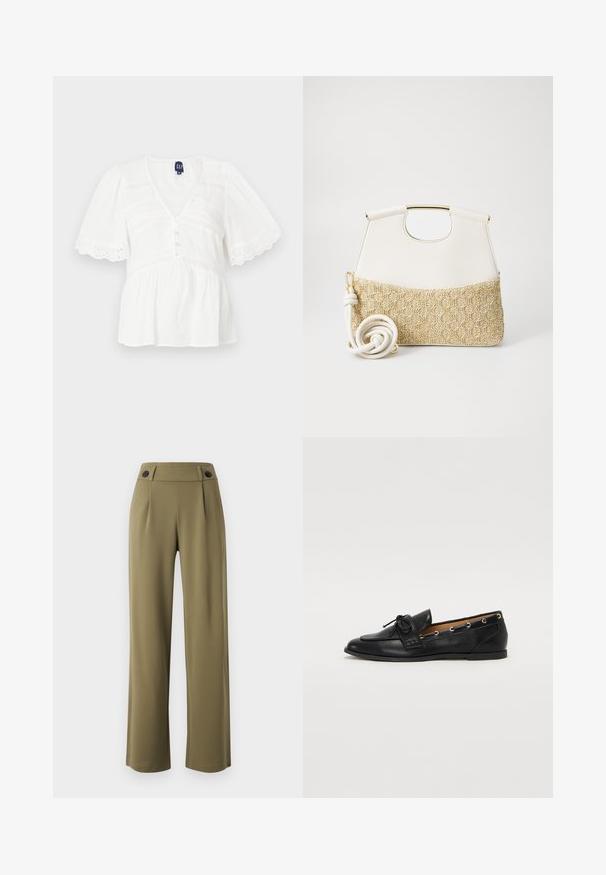 Fehér blúz rövid puff ujjakkal, V nyakkivágással, gombos záródással és texturált részletekkel. Csipkebetétekkel és bővülő aljjal rendelkezik.; Olíva zöld, bő szárú nadrág magas derékkal, két fekete gombbal a derékrészen és elülső redőkkel. Simább szövettextúra.; Fekete bőr lófarok cipők, megkötött masnival, arany szemcsés díszítéssel az oldalán és lapos gumitalppal. Simaság, klasszikus dizájn.; Fehér bőr kézitáska texturált krémszínű, szőtt anyagú aljjal. Aranyszínű fogantyúval és tekert fehér pánttal rendelkezik a sokoldalúság érdekében.