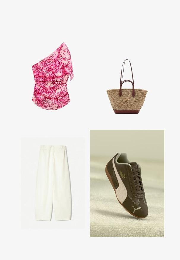 Top cu un singur umăr, roz și cu imprimeu, cu ruchete. Prezintă nuanțe de roz și crem, material ușor și un design fluid.; Pantaloni evazați dintr-un material crem moale, cu o textură fină, buzunare frontale și o croială lejeră cu un talie de înălțime medie.; Adidași maro Puma cu o dunga bej și logo, cu sireturi, așezați pe o suprafață texturată de culoare bej.; Geantă din iarbă împletită, cu textură împletită, mânere și bază din piele maro închis, formă circulară largă și design cu vârf deschis.
