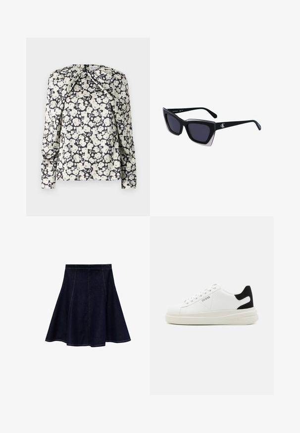 Crna cvjetna bluza s krem cvjetovima, dugim rukavima, nabranim detaljima na ramenima i ravnim rubom. Mekana tekstura tkanine.; Tamna plava A-line suknja od denima s kontrastnim žutim šavovima. Ima pristajanje u struku s lepršavim rubom, glatku teksturu i bez ukrasa.; Bijele kožne tenisice s debelim bijelim potplatom, crnim zamšastim akcentom na peti i ugraviranim logom sa strane. Dizajn s vezicama i šest rupa za vezivanje.; Crne oversize sunčane naočale geometrijskog oblika, s tamnim staklima i kontrastnom sivom dekoracijom na okviru. Logo na dršci.