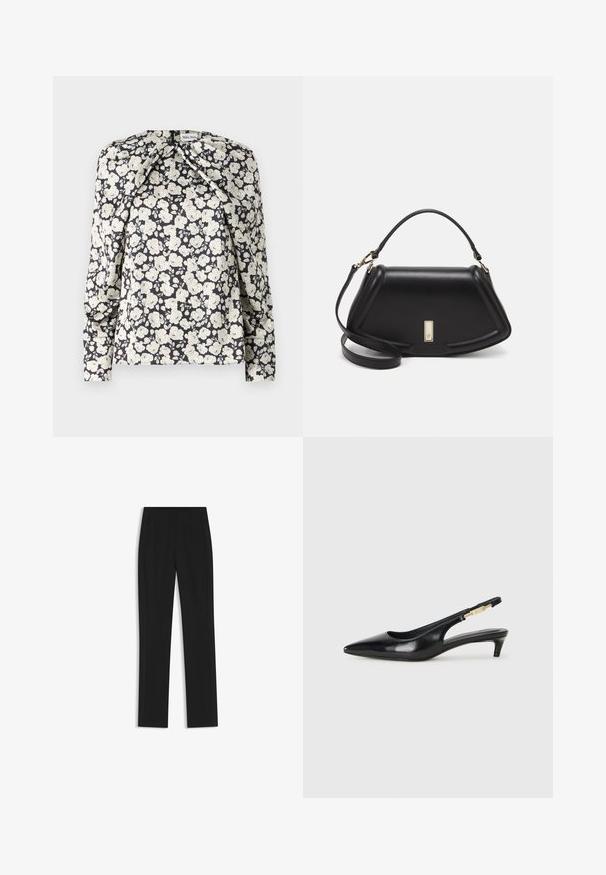 Black floral blouse featuring cream flowers, long sleeves, pleated detailing at shoulders, and a straight hemline. Soft fabric texture.; Black tailored trousers with a straight-leg design, featuring front pockets and a smooth, textured fabric. Neat, minimal detailing.; Black leather slingback heels with a pointed toe, featuring a slim heel and a gold-tone accent on the adjustable strap. Smooth texture.; Black leather handbag with a structured design, featuring a cropped shape, top handle, and gold hardware accent. Adjustable shoulder strap included.