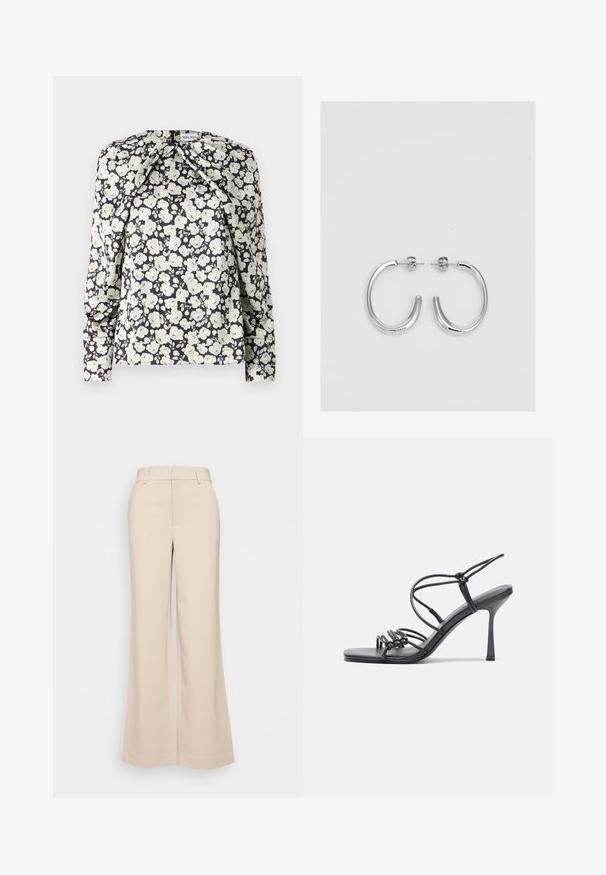 Melnā ziedu blūze ar krēmkrāsas ziediem, garām piedurknēm, plecu krokām un taisnu apakšmalu. Mīksta auduma tekstūra.; Beigā krāsā platās bikses ar gludu tekstūru, ar augstu jostasvietu un divām priekšējām kabatām. Tīrs dizains ar piegriezumu, kas pielāgots ķermenim.; Melnas augstpapēžu sandales ar plāniem siksniņām un mezgla dizainu, gluda kvadrātveida purngalu un elegantu stiletto papēdi.; Sudraba riņķveida auskari ar gludu, spīdīgu apdari. Apaļas formas, viegla dizaina, ar aizdari uz stieples.