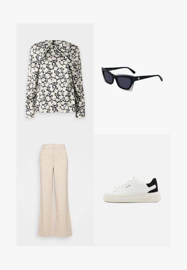 Czarna bluzka w kwiaty z kremowymi kwiatami, długie rękawy, plisowane detale na ramionach i prosty dół. Miękka tekstura tkaniny.; Beżowe spodnie szerokie z gładką strukturą, z wysokim stanem i dwoma przednimi kieszeniami. Czysty design o dopasowanym kroju.; Białe skórzane sneakersy z grubą białą podeszwą, czarnym zamszowym akcentem na pięcie oraz wytłoczonym logotypem z boku. Projekt z sznurówkami i sześcioma dziurkami.; Czarne, oversize okulary przeciwsłoneczne o geometrycznym kształcie, z ciemnymi soczewkami i kontrastującym szarym detalem na oprawie. Logo na ramieniu.