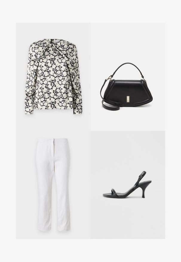 Black floral blouse featuring cream flowers, long sleeves, pleated detailing at shoulders, and a straight hemline. Soft fabric texture.; White cotton pants with a straight leg design, featuring a mid-rise waist and no visible hardware or patterns. Smooth texture throughout.; Black leather high-heeled sandals with a slim, curved heel and a crossed strap design. Adjustable ankle strap. Smooth texture.; Black leather handbag with a structured design, featuring a cropped shape, top handle, and gold hardware accent. Adjustable shoulder strap included.