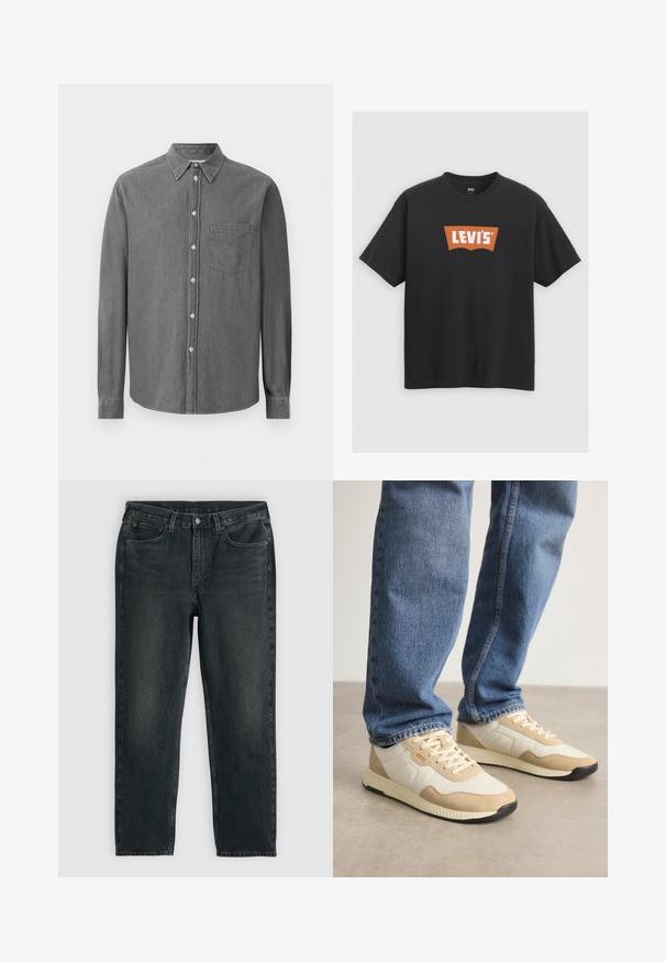 Camicia grigia a maniche lunghe con bottoni realizzata in tessuto morbido, caratterizzata da un colletto classico, una tasca sul petto e chiusura con bottoni standard.; T-shirt in cotone nero con un grande logo arancione di Levi's sulla parte anteriore, maniche corte e design a girocollo.; Jeans in denim blu scuro con taglio dritto, dotati di cinque tasche, chiusura con zip e cuciture a contrasto. Leggera scoloritura sul tessuto.; Sneakers beige e crema in materiali scamosciati e in mesh, con suola testurizzata e dettagli tonali, abbinati a jeans in denim blu.