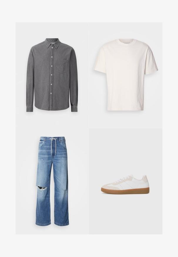 Grijze overhemd met lange mouwen van zacht stof, met een klassieke kraag, één borstzak en standaard knoopsluiting.; Crème-kleurig katoenen T-shirt met een ronde hals. Korte mouwen en een comfortabele pasvorm. Heeft een klein logo op de halslijn. Zachte textuur.; Lichtblauwe denim jeans met een losse fit, voorzien van een witte trekkoord in de taille en duidelijke scheuren aan de voorkant, met rafelige randen.; Witte en beige sneaker met suede en leren elementen. Beschikt over een rubberen zool, een vetersluiting en minimalistische zijstrepen.