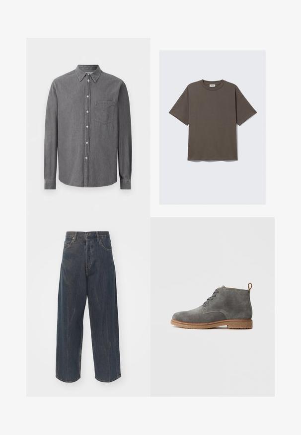 Grijze overhemd met lange mouwen van zacht stof, met een klassieke kraag, één borstzak en standaard knoopsluiting.; Donkergroene katoenen T-shirt met ronde hals, korte mouwen en een relaxte pasvorm, met een label dat "WEEKDAY" zegt.; Brede donkerblauwe denim jeans met subtiele verwering, vijf zakken en een klassieke knoop- en ritssluiting in de taille.; Grijze suède enkellaarzen met een ronde neus, minimale stiksels en een twee-tone rubberen zool. Kenmerkt centrale vetersluiting en een lusje aan de hiel.