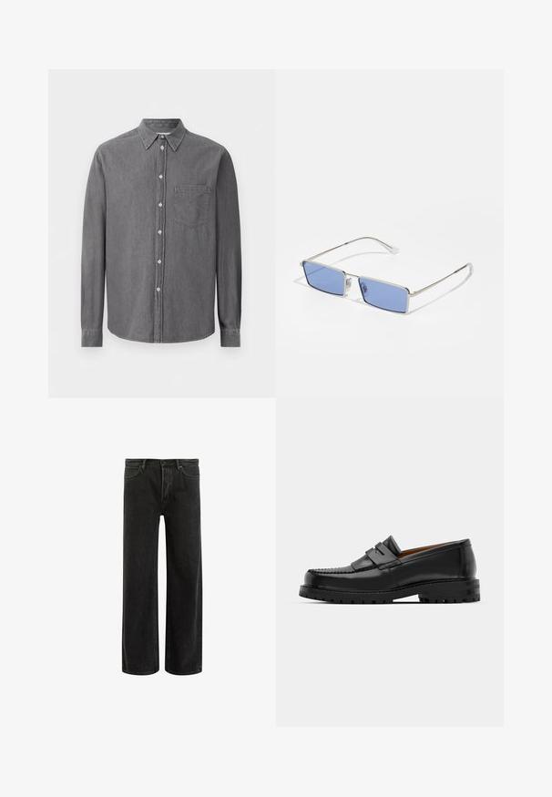 Grau langärmliges Hemd mit Knopfverschluss aus weichem Stoff, mit klassischem Kragen, einer Brusttasche und regulärem Knopfverschluss.; Schwarze, weit geschnittene Jeans aus Denim mit hoher Taille, im klassischen Fünf-Taschen-Design und subtilem Verblassen für eine strukturierte Optik.; Schwarze Lederloafer verfügen über eine erhöhte Naht, zwei dekorative Riemen im oberen Bereich und eine dicke, strukturierte Sohle für zusätzlichen Halt.; Metallsonnenbrille mit rechteckiger Form, blauen getönten Gläsern und silbernem Rahmen. Verfügt über Nasenpolster und dünne, gerade Bügel.