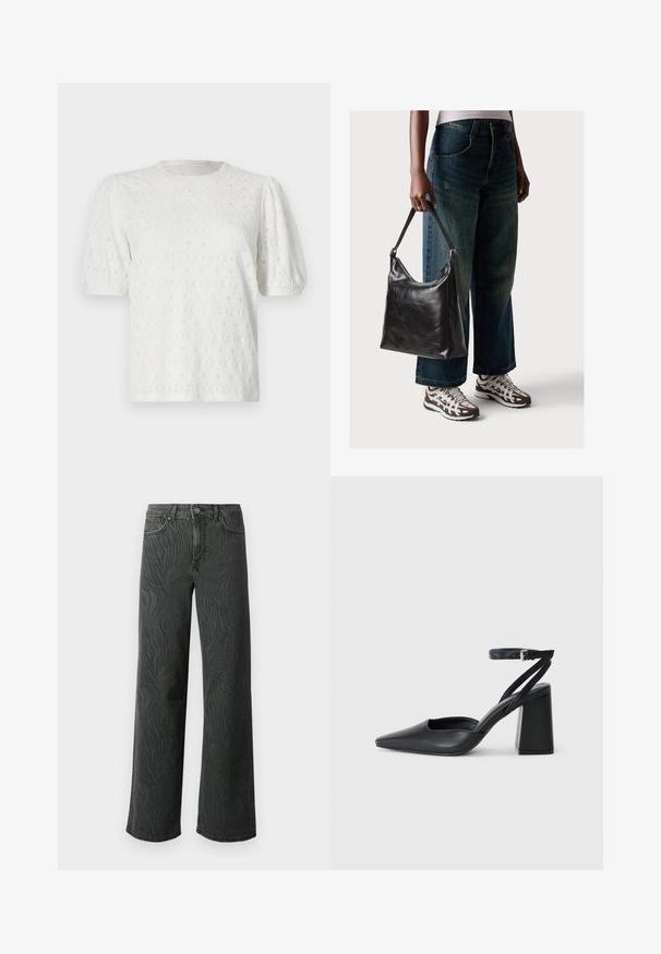 Fehér, rövid ujjú blúz puffadt ujjakkal, textúrált virágmintával és kerek nyakkivágással. Könnyű anyagból készült.; Sötét szürke denim széles lábú farmer, diszkrét zebra mintás textúrával, kontrasztos varrással és öt zsebes kialakítással, gombos zipzárral.; Fekete bőr, hegyes orrú magassarkú cipő boka pánttal és vastag sarokkal. Sima textúra, elegáns dizájn és minimális esztétika.; Fekete bőr válltáska sima textúrával és állítható pánttal, melyet elnyűtt, bő szárú farmernadrággal és sportcipőkkel párosítottak.