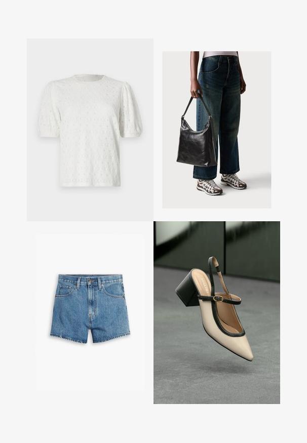 Weißes Kurzarmoberteil mit Puffärmeln, strukturiertem Blumenmuster und rundem Halsausschnitt. Aus leichtem Stoff gefertigt.; Hellblaue Denim-Shorts mit fünf Taschen, einem Reißverschluss und einem Knopfverschluss. Der Saum ist fransig und das Design bietet eine lässige Passform.; Beige Slingback-Schuh mit spitzer Zehenpartie, schwarzer Umrandung, goldener Schnalle und dicker Blockabsatz auf grauem Boden vor dunklem grünen Hintergrund.; Schwarze Leder-Schultertasche mit glatter Textur und verstellbarem Riemen, kombiniert mit ausgewaschenen weit geschnittenen Jeans und sportlichen Sneakern.