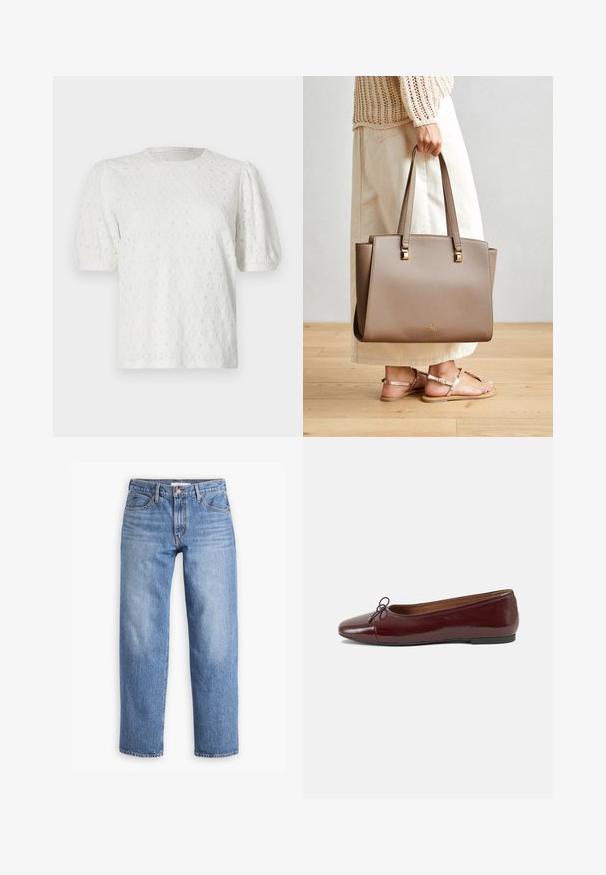 Haut blanc à manches courtes avec des manches bouffantes, motif floral texturé et col rond. Fabriqué à partir d'un tissu léger.; Jeans en denim bleu clair avec une coupe droite, cinq poches et une fermeture éclair. Le tissu a une finition texturée classique avec un léger dégradé.; Ballerines en cuir verni bordeaux avec un bout rond, un petit nœud décoratif à l'avant et une semelle en caoutchouc noire basse. Texture lisse.; Sac fourre-tout synthétique marron avec deux longues anses, accents métalliques carrés et un logo discret. Porté avec une jupe crème claire et des sandales.