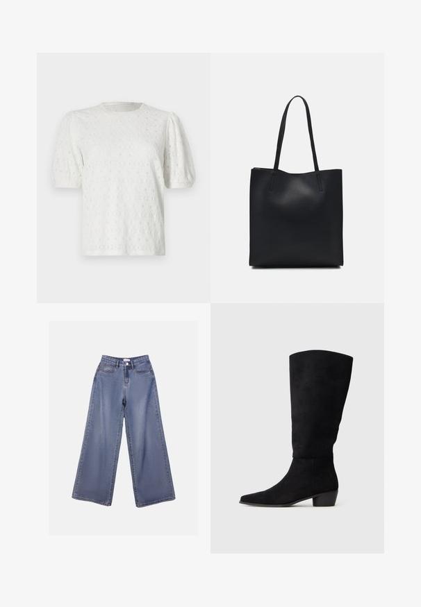 White short-sleeve top with puffed sleeves, textured floral pattern, and a round neckline. Made from lightweight fabric.; Wide-leg denim jeans in a light blue wash, featuring a high waist, front pockets, and a button closure with belt loops.; Black suede knee-high boot with low block heel and pointed toe, shown in side view on a plain light gray background.; Black leather tote bag with smooth texture, rectangular shape, and two long handles. No visible hardware or embellishments.