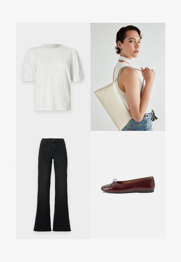 Weißes Kurzarmoberteil mit Puffärmeln, strukturiertem Blumenmuster und rundem Halsausschnitt. Aus leichtem Stoff gefertigt.; Schwarze hochgeschnittene Schlagjeans mit vorderen Taschen, Gürtelschlaufen und Knopfverschluss vor einem weißen Hintergrund.; Burgunderfarbenes, lackiertes Ballettschuh mit abgerundetem Zehenbereich, kleiner Schleifenakzent vorne und einer niedrigen, schwarzen Gummisohle. Glatte Textur.; Weiße rechteckige Clutch aus glänzendem Material mit einem silbernen Kettenriemen. Das Model posiert und präsentiert die Tasche vor einem schlichten Hintergrund.