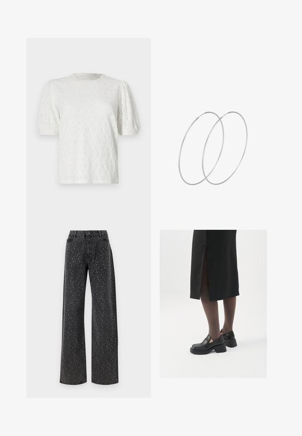 White short-sleeve top with puffed sleeves, textured floral pattern, and a round neckline. Made from lightweight fabric.; Noisy May NMJANNEL LOOSE - Relaxed fit jeans - black denim; Black leather shoes with a rounded toe, thick block heel, and elastic side accents, paired with dark tights and a black skirt with a slit.; Silver hoop earrings with a minimalist design. Circular shape, smooth texture, and thin profile. Lightweight with a polished finish.