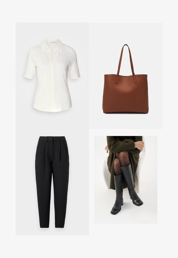 White short-sleeve button-up shirt made from soft, smooth fabric. Features a classic collar and a fitted silhouette with a clean finish.; Black trousers with a straight fit, featuring pleats at the front, a smooth texture, and side pockets. The waistband is standard height.; Knee-high black leather boots with a squared toe and block heel, shown with a model seated in an olive green coat. Smooth texture, minimal detailing.; Brown leather tote bag with a smooth texture, open top design, and two shoulder straps. Features minimal stitching and no visible hardware.