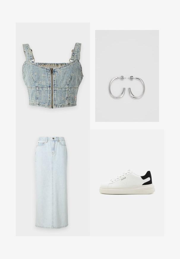 Denim crop top with a light blue wash, features zipper closure, smocked back, and wide straps. Details include stitching and slight distressing.; Light blue denim maxi skirt with a straight design, front button fastening, and visible stitching. Features two front pockets.; White leather sneakers with a thick white sole, black suede heel accent, and embossed logo on the side. Laced design with six eyelets.; Silver hoop earrings with a smooth, shiny finish. Rounded shape, lightweight design, featuring a post-back closure.
