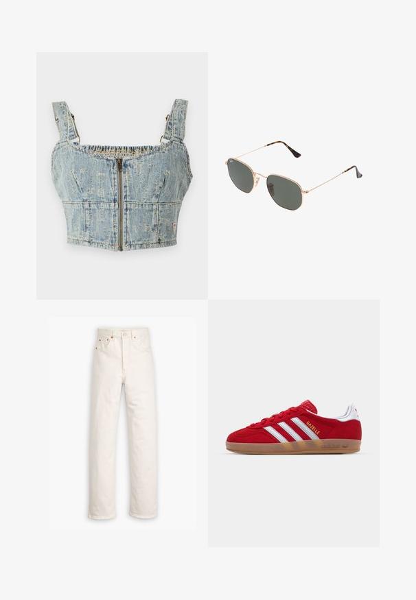 Denim crop top met een lichtblauwe wassing, voorzien van een ritsluiting, gesmokte achterkant en brede bandjes. Kenmerken zijn stiksels en lichte slijtage.; Witte denim jeans met een recht gesneden ontwerp, vijf zakken en koperen hardware accenten. Afgeronde zoom aan de enkels.; Rode suède sneaker met een witte drie-strepenontwerp en gouden "Gazelle" tekst. Beschikt over een rubberen gumzool en een gestructureerde hiel.; Gouden metalen zonnebril met donkergroene lenzen, aviator-stijl, met slanke scharnieren en schildpad-accenten op de uiteinden.
