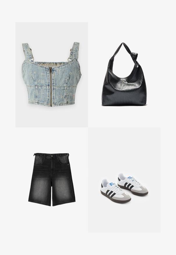 Džínový crop top so svetlomodrým umývaním, obsahuje zipsové zapínanie, smockovanú zadnú časť a široké ramienka. Detaily obsahujú prešívanie a mierne opotrebenie.; Čierne deninové šortky s vyblednutým povrchom, piatimi vreckami, zapínaním na gombík a pútkami na opasok. Tkanina má hladkú štruktúru.; Športové topánky s bielym koženým zvrškom, šedou semišovou špičkou a tromi čiernymi pruhmi. Obsahujú modré logo na jazyku a štruktúrovanú gumovú podrážku.; Čierna tkaná kožená kabelka s voľným dizajnom, vybavená uzlovou rukoväťou a malým dekoratívnym zlatým nýtom na vrchu.