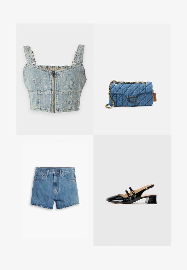 Denimist lõhiku top, hele sinine pesu, varustatud tõmbluku sulgemisega, smockitud seljaosa ja laiade rihmadega. Üksikasjad hõlmavad õmblusi ja kerget kulumist.; Heledad teksapüksid helesinisena, millel on viis taskut, tõmblukk ja nööpkinnitus. Varrukad on lõdvenenud ja servad on kulunud.; Must lääkelipik kingad mustast patendinäpuust, terava nina, kahe rihma detail, kullast ringikujulised aksessuaarid ja madal plokknina.; Sinine pehmendatud teksakott õlgadel, millel on kuldne kett ja silmapaistev kuldne logo aktsent ees. Kompaktne ristkülikuline kuju.