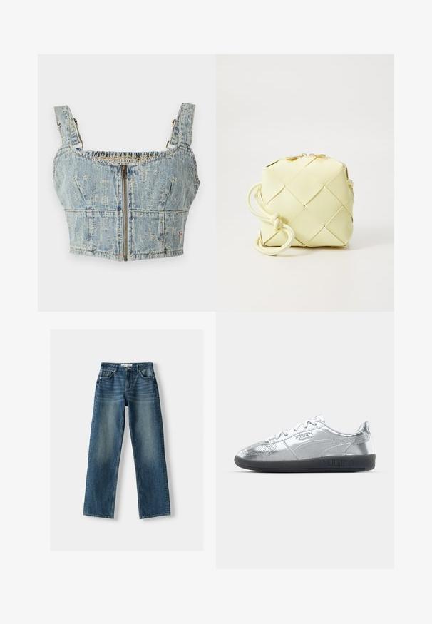 Denim croppad topp med ljusblå tvätt, har dragkedjestängning, smockad rygg och breda axelband. Detaljer inkluderar sömnad och lätt slitage.; Blå denimjeans med rak bendesign, knappstängning, fem fickor och blekta områden. Materialet verkar hållbart med en texturerad yta.; Silversneakers med en slät, reflekterande ovandel, med svarta gummisulor och klassisk snördesign. Puma-logotyp på sidan.; Gul, vävd handväska med fyrkantig design, som har en slät yta, dekorativt knutet band och detaljer i guldfärg.