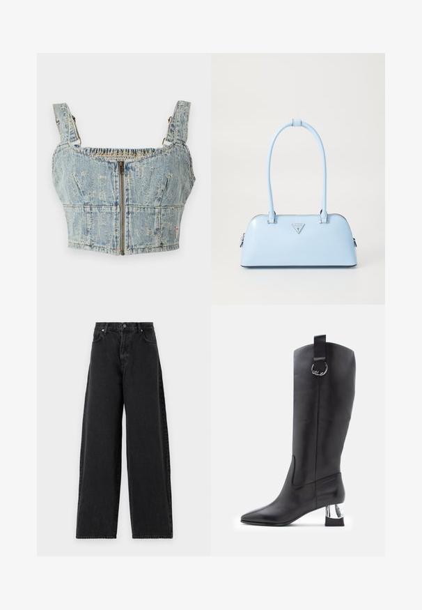 Denim crop top with a light blue wash, features zipper closure, smocked back, and wide straps. Details include stitching and slight distressing.; High-waisted black denim jeans with wide legs, finished with classic five-pocket styling and metal button closure. Textured, slightly faded fabric.; Black leather knee-high boot with pointed toe and chrome block heel. Features a strap with a circular hardware accent at the top.; Light blue handbag with a structured shape, smooth leather material, two handles, and a triangular brand logo on the front. Zippered closure.