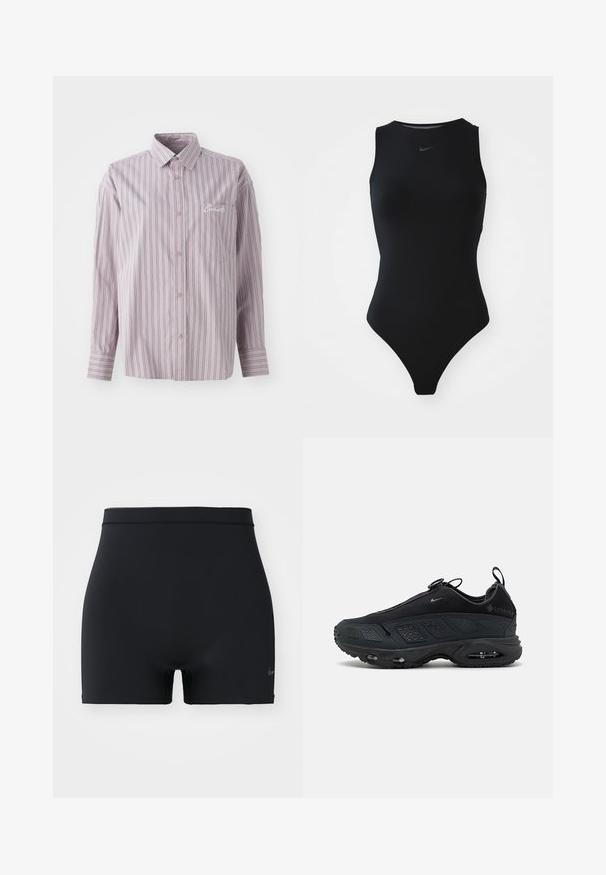 Lavendelfarbenes Button-up-Hemd mit vertikalen Streifen in Dunkelgrau. Verfügt über eine kleine Brusttasche und ein gesticktes Logo auf der linken Seite.; Schwarzer ärmelloser Badeanzug mit hohem Ausschnitt, schlankem Design und Nike-Logo auf der Brust. Hergestellt aus glattem, dehnbarem Stoff.; Schwarze Sportshorts aus glattem, elastischem Material, mit einem mittelhohen Bund und einem kleinen Nike-Logo auf der linken Seite.; Schwarze Turnschuhe mit einem strukturierten Mesh-Obermaterial, Gummisohle und sichtbarer Luftpolsterung. Verfügt über Riemen und perforierte Akzente für Atmungsaktivität.
