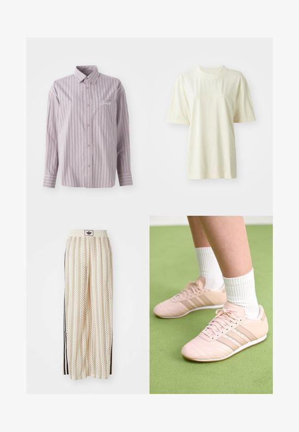 Camicia button-up in lavanda con righe verticali grigio scuro. Presenta una piccola tasca sul petto e un logo ricamato sul lato sinistro.; T-shirt in cotone color crema con collo tondo, maniche corte e logo "adidas" in rilievo sul petto. Tessuto morbido e vestibilità rilassata.; Pantaloni a gamba larga color crema con un motivo a zigzag, dotati di una fascia in vita nera con logo e strisce nere laterali. Tessuto leggero e testurizzato.; Scarpe da ginnastica rosa chiaro con cuciture diagonali, suole bianche e tre strisce laterali. Indossate con calze bianche a coste su una superficie verde.