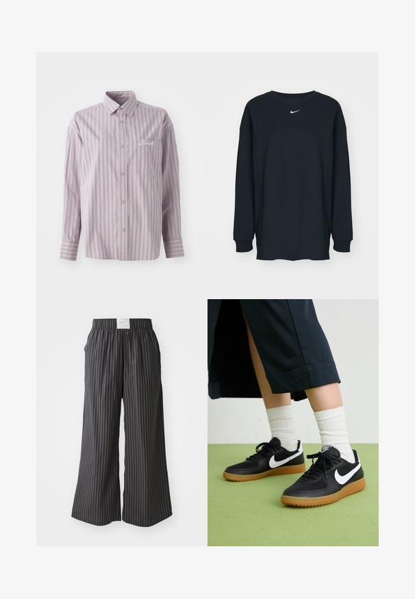 Knapp-up skjorta i lavendel med vertikala ränder i mörkgrått. Har en liten bröstficka och en broderad logotyp på vänster sida.; Svart långärmad T-shirt i bomull med rundad halsringning. Har en vit Nike-logotyp på bröstet. Mjuk textur, enkelt design.; Svart- och grårandiga vida byxor med elastisk midja och en Nike-logotyp på baksidan. Lättviktig tyg, lös passform.; Svarta läder- och syntetiska sneakers med vit Nike-logga, gummisula, rund tå och svarta snörningar. Ribbad vit strumpor synliga.