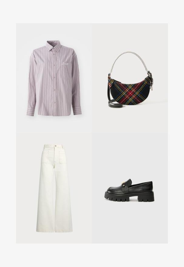 Koszula na guziki w kolorze lawendowym, z pionowymi paskami w ciemnoszarym kolorze. Posiada małą kieszonkę na piersi oraz haftowane logo po lewej stronie.; Spodnie dżinsowe o szerokich nogawkach w odcieniu off-white. Wysoki stan z zapięciem na guzik, dwiema kieszeniami z przodu i detalami z kontrastowym przeszyciem.; Czarne skórzane loafersy z masywną podeszwą, z akcentem w kolorze złota z przodu i gładkim wykończeniem. Masywna podeszwa z ciekawym wzorem.; Torebka w wzór tartan wykonana z mieszanki wełny, o kształcie półksiężyca, z metalowym srebrnym uchwytem i odczepianym czarnym skórzanym paskiem.