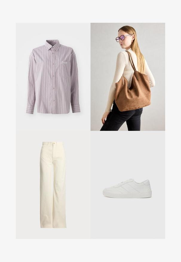 Knappskjorte i lavendel med vertikale striper i mørk grå. Har en liten brystlomme og brodert logo på venstre side.; Polo Ralph Lauren COTTON CORDUROY WIDE-LEG PANT - Bukse - warm white; Hvit lær sneakers med flate lisser, avrundet tå og subtile sømdetaljer. Har en teksturert såle og preget merkevarelogo på hælen.; Brun semsketotebag med myk tekstur, stor åpning og lange stropper. Har et enkelt design med synlig søm og uten maskinvare.
