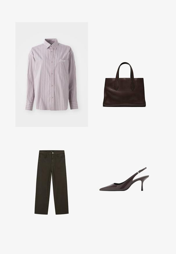 Button-up shirt in lavender with vertical stripes in dark gray. Features a small chest pocket and embroidered logo on the left side.; Dark green wide-leg jeans made of cotton blend, featuring a front button closure, five pockets, and classic denim stitching.; Pointed toe slingback heels in dark brown patent leather, featuring a slender high heel and an adjustable ankle strap with a buckle.; Brown leather tote bag with two elongated handles, structured rectangular shape, smooth texture, and subtle stitching details.