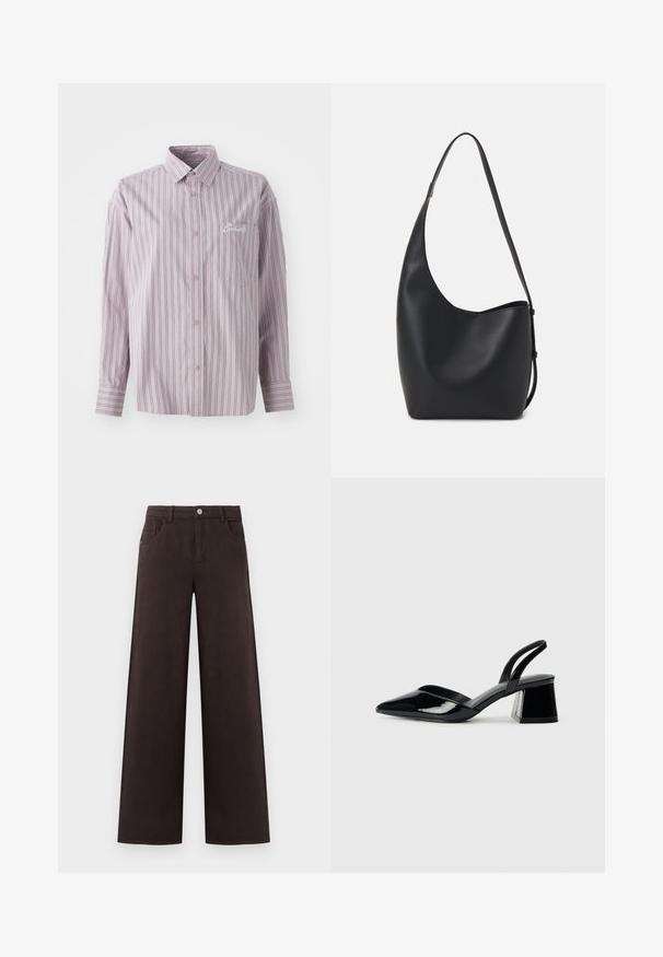 Camicia button-up in lavanda con righe verticali grigio scuro. Presenta una piccola tasca sul petto e un logo ricamato sul lato sinistro.; Pantaloni a gamba larga in cotone di colore marrone scuro. Presentano una chiusura con bottone e tasche frontali, con una superficie liscia e linee pulite.; Décolleté in vernice nera con punta affusolata e tacco in geometria cubica. Presentano un design elegante e minimalista, con una texture liscia.; Borsa hobo nera in pelle con una superficie liscia, forma curvata e una singola tracolla regolabile; presenta un'ampia apertura nella parte superiore.