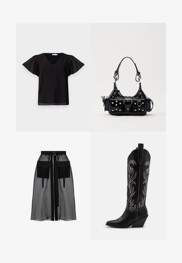 Bluză neagră cu decolteu în V, cu mâneci scurte și evazate, având un model texturat cu mingiuțe. Confectionată dintr-un material ușor, semi-transparent.; Fustă neagră transparentă cu un talie plisată, având două buzunare mari în față, un cordon pentru talie și un accent metalic circular.; Bocanci de cowboy din piele neagră, cu vârfuri ascuțite, toc wedge și modele florale brodate cu fir argintiu de-a lungul tijei. Cusături în contrast pe întreaga suprafață.; Geantă de piele neagră cu un design curbat, dotată cu studuri argintii, o cataramă și două buzunare laterale. Curea ajustabilă pentru opțiuni de transport.