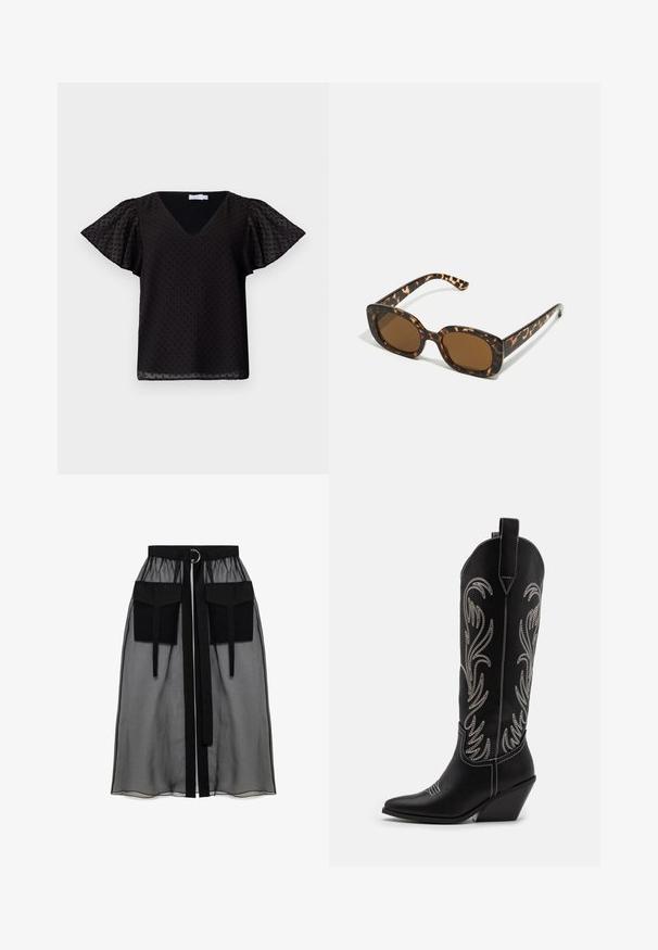 Črna bluzica z V-izrezom in kratkimi letečimi rokavi, z teksturiranim pikčastim vzorcem. Narejena iz lahkega, polprozornega materiala.; Črna prozorna krila z nabranim pasom, ki ima dva velika sprednja žepa, pas za zavezovanje in okroglo kovinsko dekoracijo.; Črne usnjene kavbojske čevlje s koničastimi prsti, klinastimi petami in srebrnimi vezeninami cvetnega vzorca po vsej dolžini. Kontrastno šivanje povsod.; Sončna očala iz kornjačine s poudarjenim, okroglim okvirjem in rjavimi lečami. Imajo subtilne vzorce in ravne, zožene ročke.; Črna usnjena torbica s ukrivljenim dizajnom, ki vsebuje srebrne žebljičke, zaponko in dve stranski žepki. Nastavljiv trak za različne možnosti nošenja.