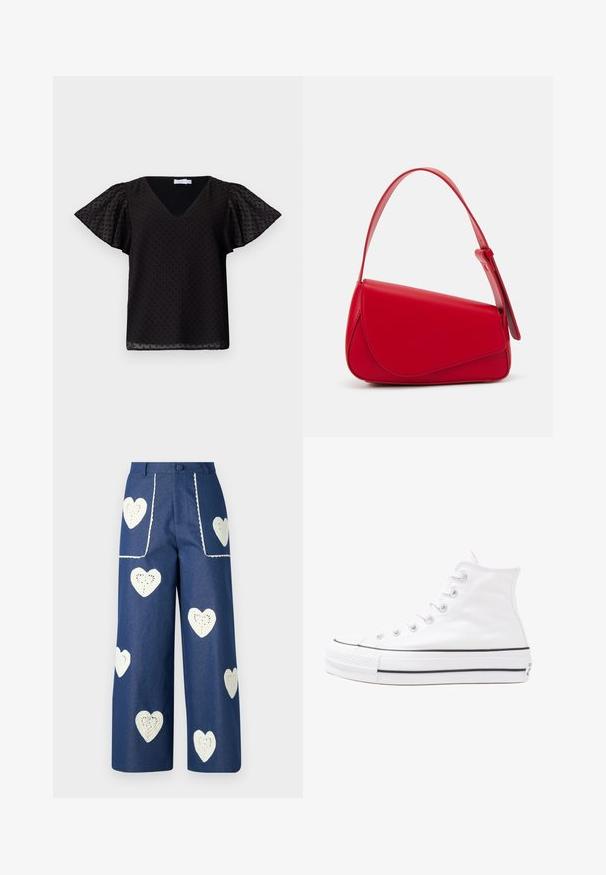 Fekete V nyakú blúz rövid, fodros ujjakkal, texturált pöttyös mintával. Könnyű, félig átlátszó anyagból készült.; Sister Jane HEART TO HEART - Egyenes szárú farmer - blue denim; Fehér magaskorsó vászon sportcipő fekete gumi talppal, elülső gumi orrnyereggel és hat fűzőlyukkal, letisztult, minimalista dizájnnal.; Piros bőr kézitáska szögletes, geometrikus kialakítással. Egy állítható pánttal és varrott részletekkel ellátott fedélzárral rendelkezik.