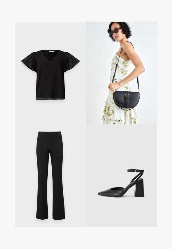 Fekete V nyakú blúz rövid, fodros ujjakkal, texturált pöttyös mintával. Könnyű, félig átlátszó anyagból készült.; Fekete, bővülő szárú nadrág, bordázott textúrával és testhezálló derékkal. A dizájn függőleges varratokat tartalmaz, amelyek karcsúsított megjelenést kölcsönöznek. Nincs látható fémrész.; Fekete bőr, hegyes orrú magassarkú cipő boka pánttal és vastag sarokkal. Sima textúra, elegáns dizájn és minimális esztétika.; Fekete bőrtáska ívelt formával, levehető pánttal és arany színű fémrészekkel. A táskán egy csattal díszített fedél található.