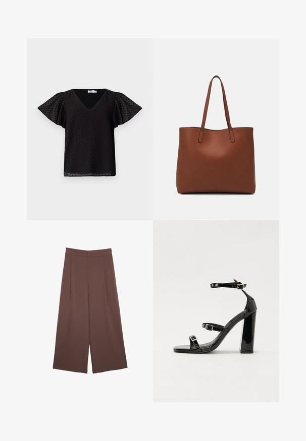 Blusa nera a V con maniche corte a sbuffo, caratterizzata da un motivo a pois testurizzato. Realizzata in tessuto leggero e semi-trasparente.; Pantaloni ampi marroni con una texture liscia, caratterizzati da una vita alta e pieghe frontali. Il tessuto è leggero e scorre liberamente.; Sandali con tacco in vernice nera, con punta squadrata, cinturini alla caviglia e fibbie in argento. Presentano un tacco a blocco spesso per maggiore stabilità.; Borsa tote in pelle marrone con texture liscia, design con apertura superiore e due spallacci. Presenta cuciture minime e nessun hardware visibile.