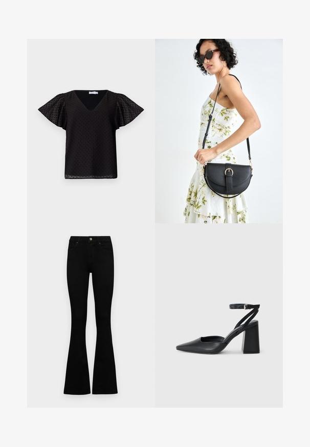 Crna bluzica s V-izrezom i kratkim lepršavim rukavima, sa strukturiranim uzorkom točkica. Napravljena od lagane, poluprozirne tkanine.; Crne traperice viskog struka s kopčanjem na gumb i rajfeslusu, prednjim džepovima i širom nogavicama položene su ravno na bijeloj pozadini.; Crne kožne cipele s špicastim vrhom, remenom oko gležnja i debelim potplatom. Ravna tekstura, elegantan dizajn i minimalistička estetika.; Crna kožna torba s lukovitim oblikom, odvojivim remenom i zlatnim detaljima. Torba ima preklop s kopčom.