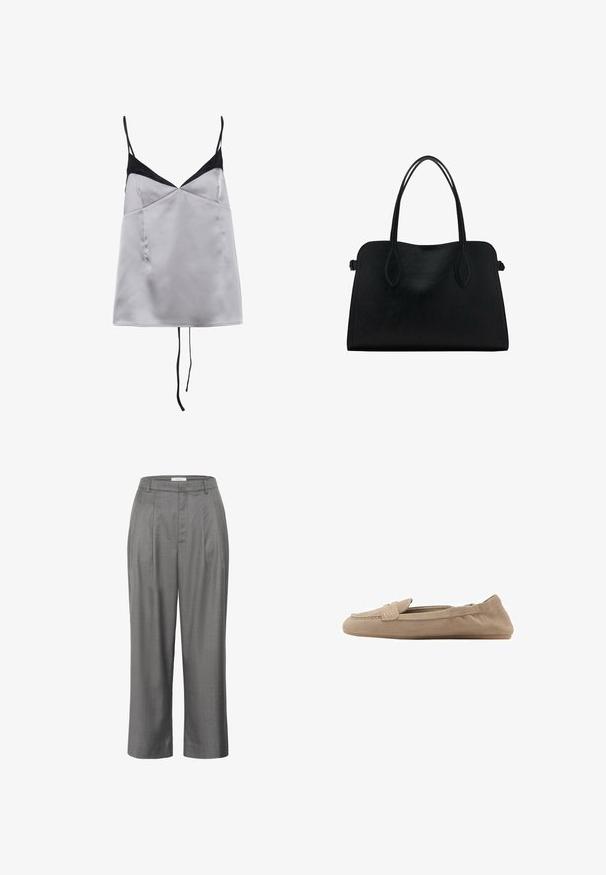 Saténová tielko vo svetlosivej farbe s čiernymi akcentmi a tenkými ramienkami. Má výstrih do V, hladkú textúru a uvoľnený siluetu.; Biela bavlnená tričko s okrúhlym výstrihom, krátkymi rukávmi a mierne textúrovaným povrchom. Žiadne viditeľné vzory ani kovania.; Sivé nohavice na mieru so rovnom strihom, s preloženým predným dielom, hladkou textúrou látky a klasickým dizajnom pásu.; Béžové semišové mokasíny s plochou podrážkou, s hladkou textúrou, jemným prešívaním a dizajnom na obúvanie bez viditeľných kovových prvkov.; Čierna kožená kabelka s dvojitými popruhmi na rameno, obdĺžnikový tvar a minimalistický dizajn na bielom pozadí.