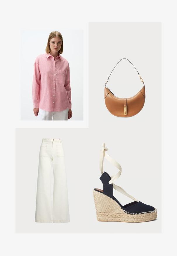 Camicia a righe rossa e bianca con colletto, maniche lunghe, tasca sul petto e vestibilità comoda, realizzata in tessuto leggero.; Jeans a gamba larga in denim bianco sporco. Design a vita alta con chiusura a bottone, due tasche frontali e dettagli di cucitura a contrasto.; Sandalo a cuneo in tela blu navy con suola in corda di espadrillas e fiocchi crema alla caviglia. Design con tacco chiuso e punta rotonda.; Borsa a tracolla in pelle color nocciola con forma curva, hardware dorato e tracolla sottile. Presenta una chiusura con zip e dettagli con logo sulla parte anteriore.