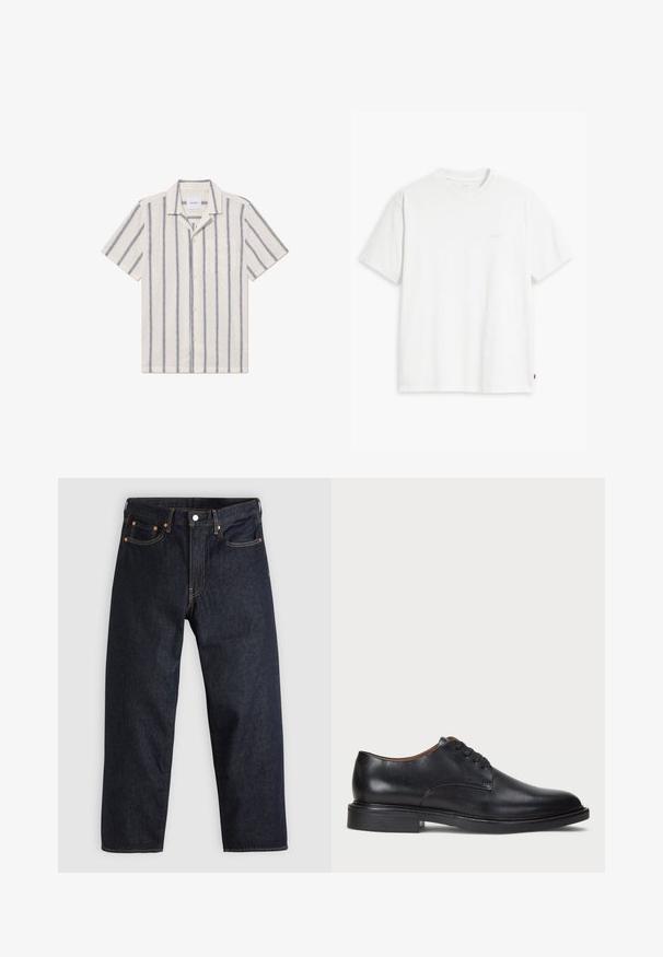 Šviesiai beige spalvos trumpomis rankovėmis marškiniai su tamsiai mėlynomis vertikaliomis juostelėmis, turintys mygtukų užsegimą ir kišenėlę krūtinėje.; Balta medvilninė marškinė su trumpomis rankovėmis, apvaliu kaklu ir subtiliu Levi's logotipu viduryje. Minkšta tekstūra ir standartinė išvaizda.; Tamsiai mėlynos džinsinės kelnės su tiesiu kirpimu, penkiomis kišenėmis, kontrastingomis oranžinėmis siūlėmis ir mygtukų užtrauktuku. Nėra matomų raštų ar papuošimų.; Juodas odinis suknių batelis su apvalia nosimi, raišteliais ir žemu, sukrautu kulnu. Lygus paviršius su minimaliais siuvinėjimo detalėmis.