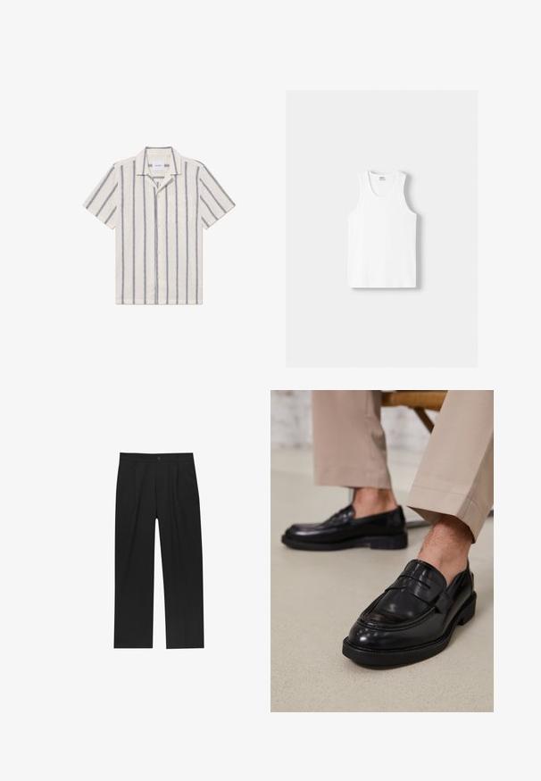 Košile s krátkým rukávem v světle béžové látce s tmavě modrými svislými pruhy, s knoflíkovým zapínáním a kapsou na hrudníku.; Bílý bavlněný top na ramínka s kulatým výstřihem, širokými ramínky a rovním lemem, s hladkou texturou a bez viditelných vzorů.; Černé kalhoty s rovnými nohavicemi, vyrobené z hladké tkaniny. Mají přední záhyby a jedno knoflíkové zapínání v pase.; Černé kožené loafers s hladkým povrchem, zdobené páskem a kontrastním prošíváním, spárované s béžovými kalhotami.
