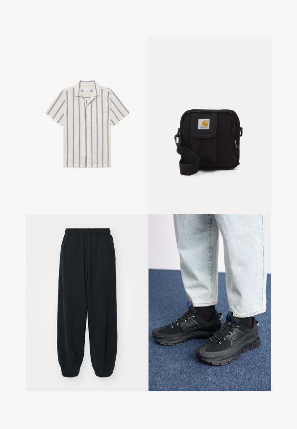 Korta piedurkne krekls gaišā bežā audumā ar tumši zilām vertikālām svītrām, ar pogu priekšpusi un krūšu kabatu.; Melnas sporta bikses ar elastīgu jostasvietu, brīvu piegriezumu, aprocēm ap potītēm, gludu tekstūru, un bez redzamām rakstu vai aparatūras akcentiem.; Melni sporta apavi ar strukturētu audumu un gumijas zoli, ar elastīgām auklām un zilu akcentu uz papēža. Nēsāti ar gaišām džinsu biksēm.; Melna plecu soma ar rāvējslēdzēja galveno nodalījumu, priekšējo kabatu, regulējamu siksnu un redzamu logotipa tagu uz vāka.