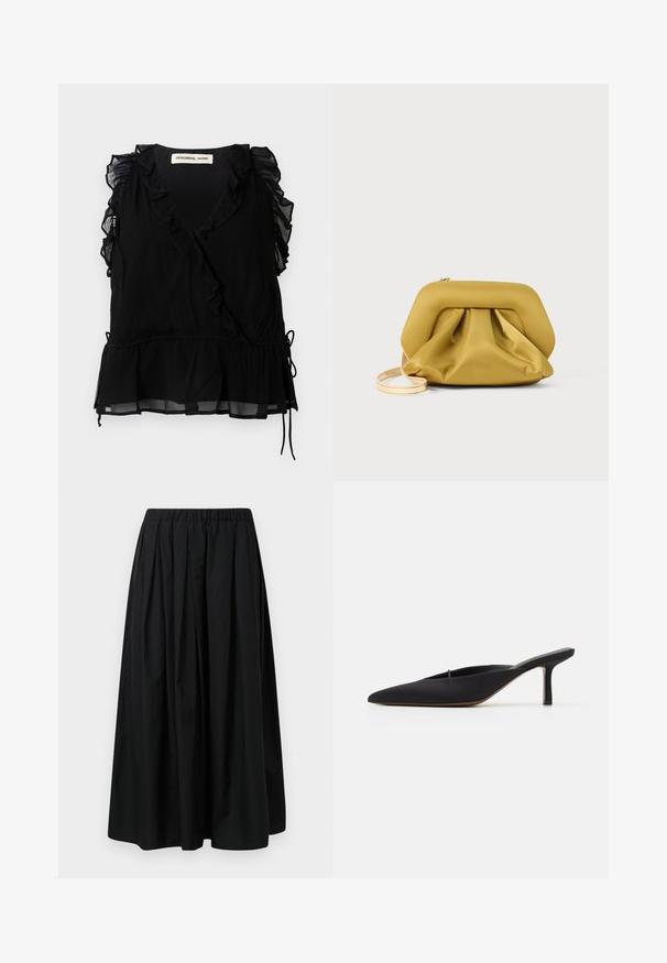 Top noir sans manches avec des bords volants, décolleté en V et ourlet évasé. Fabriqué en tissu léger avec une finition texturée et détail à cordon de serrage.; Jupe plissée noire en tissu léger avec une taille élastique. Longueur au sol avec une texture lisse et un design minimaliste.; Mule noir à bout pointu avec un design élégant, fabriqué en tissu lisse, présentant un talon fin et un dos ouvert pour faciliter l'enfilage.; Pochette jaune, au toucher doux, avec un haut structuré, une base froncée et une fine sangle détachable. Fermeture zippée en haut.
